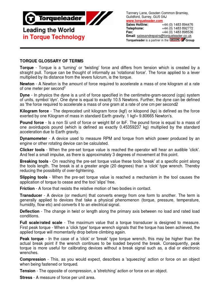 Torque Technology Glossary Explained | PDF | Torque | Force
