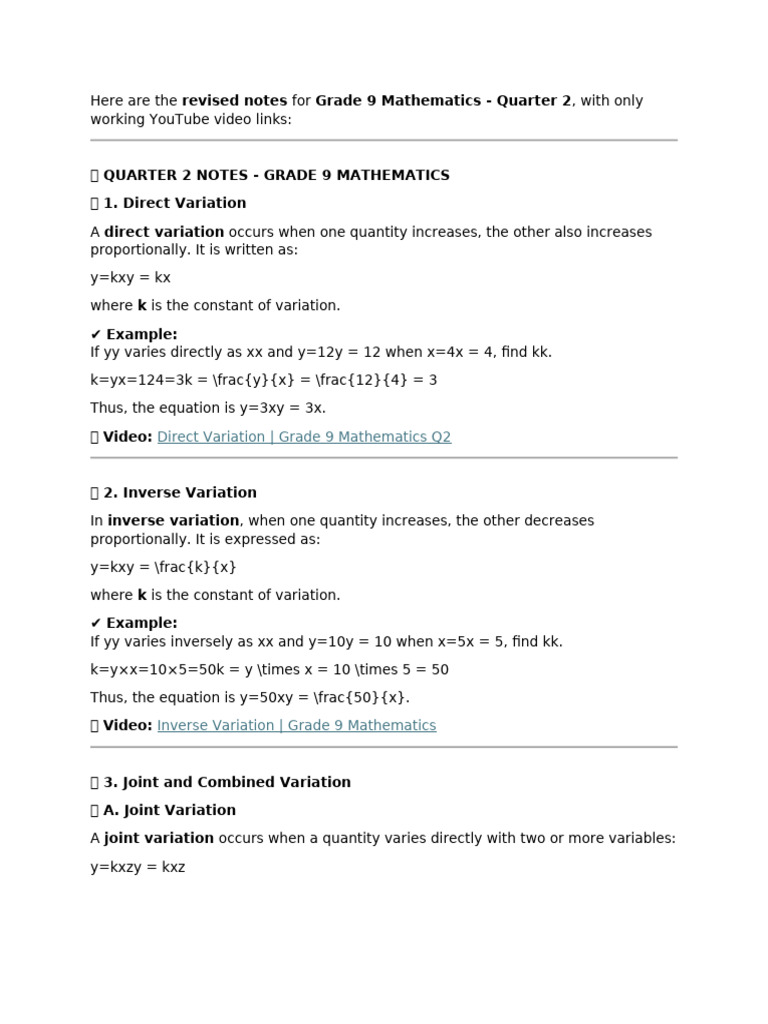 Grade 9 Math Q2: Variations & Radicals | PDF | Square Root | Multiplication