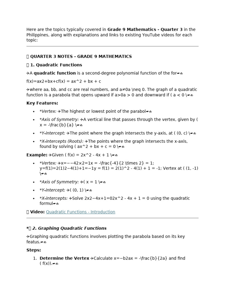 Grade 9 Math: Quadratic Functions Guide | PDF | Abstract Algebra ...