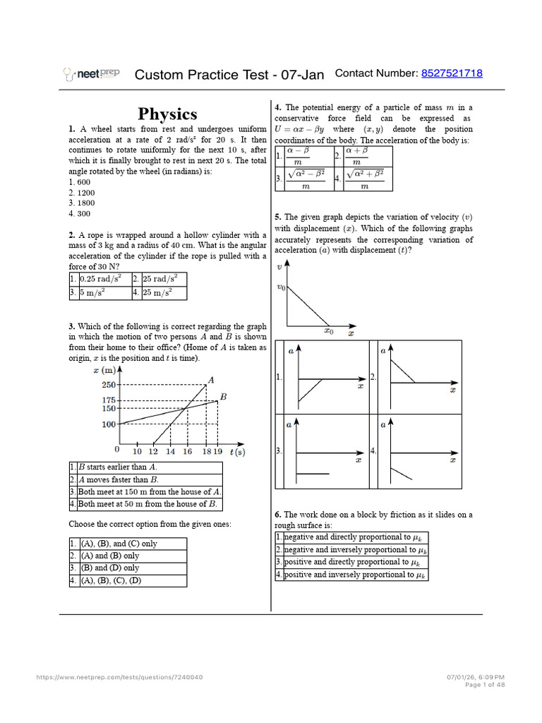 Custom Practice Test - 07-Jan | PDF | Acceleration | Atoms