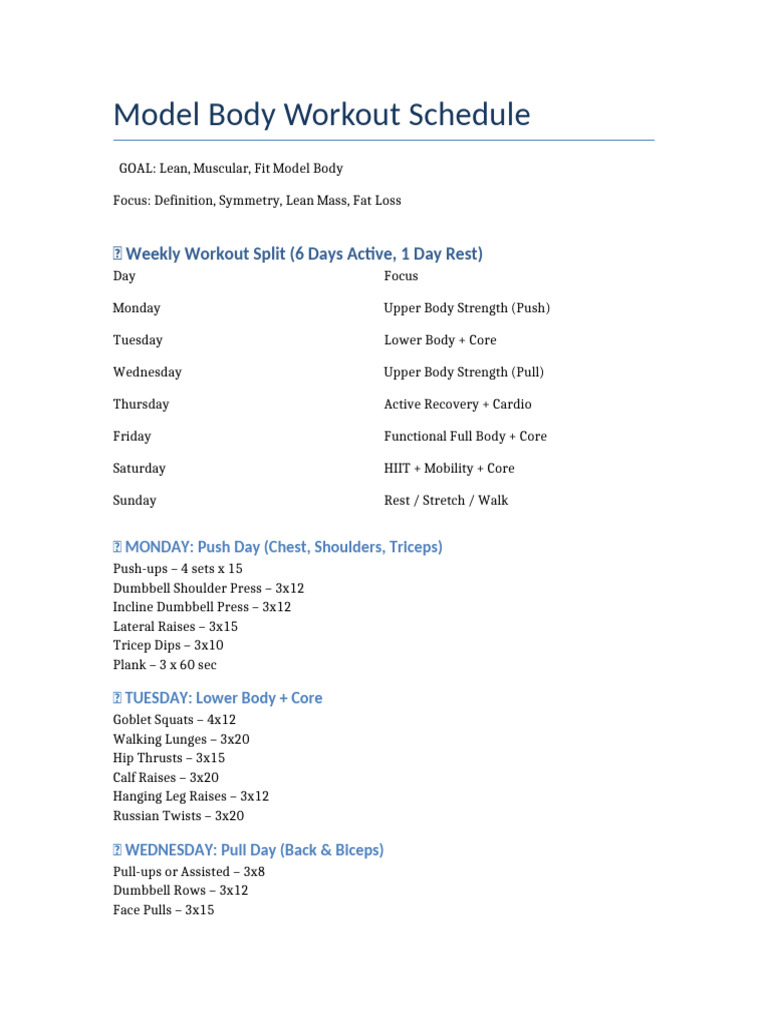 Model Body Workout Plan: 6-Day Schedule | PDF