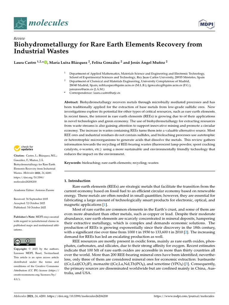 Biohydrometallurgy for REE Recovery | PDF | Metals | Mining