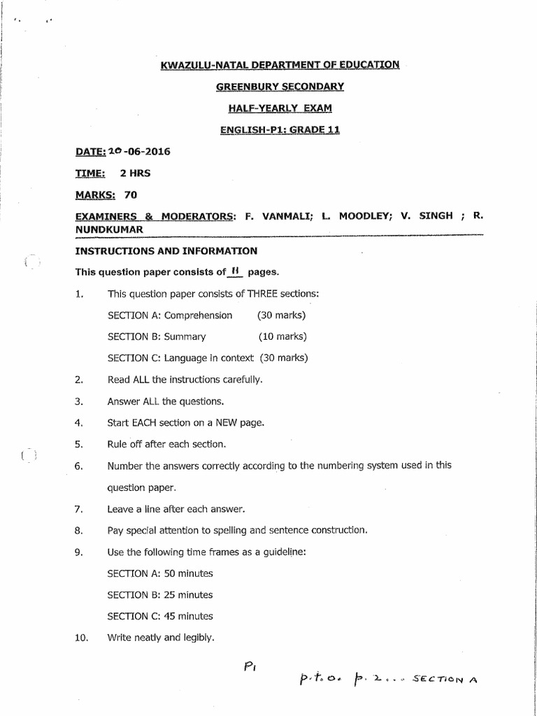 Grade 11 ENGLISH FAL PAPER1 JUNE EXAM and MEMO | PDF