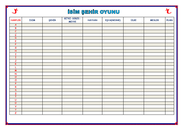 38isim Sehir Oyunu | PDF