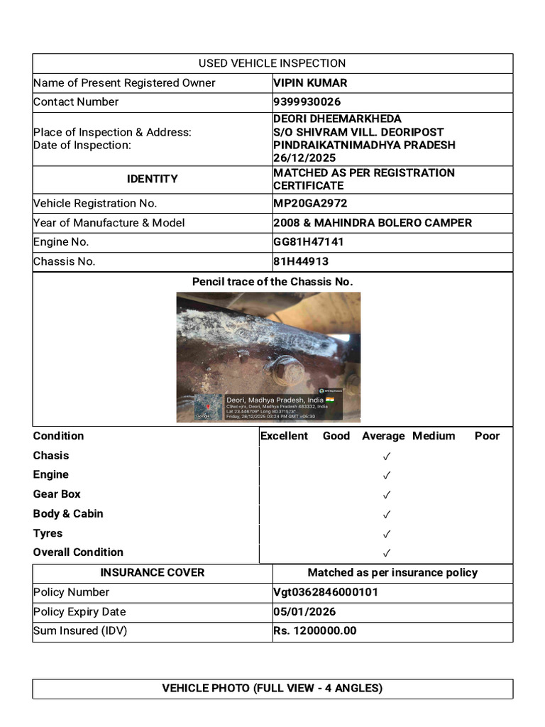 Used Vehicle Inspection Report: Mahindra Bolero | PDF | Wheeled ...