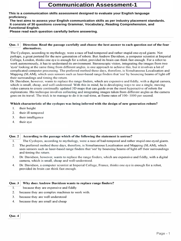 English Communication Skills Assessment | PDF