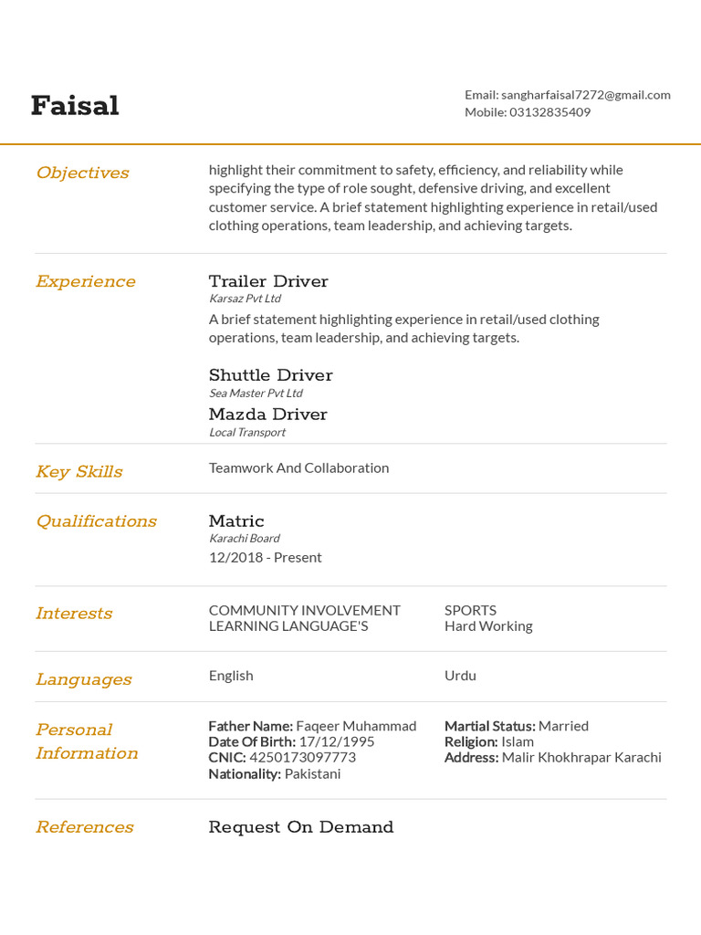 Faisal's Driver Resume and Skills Summary | PDF