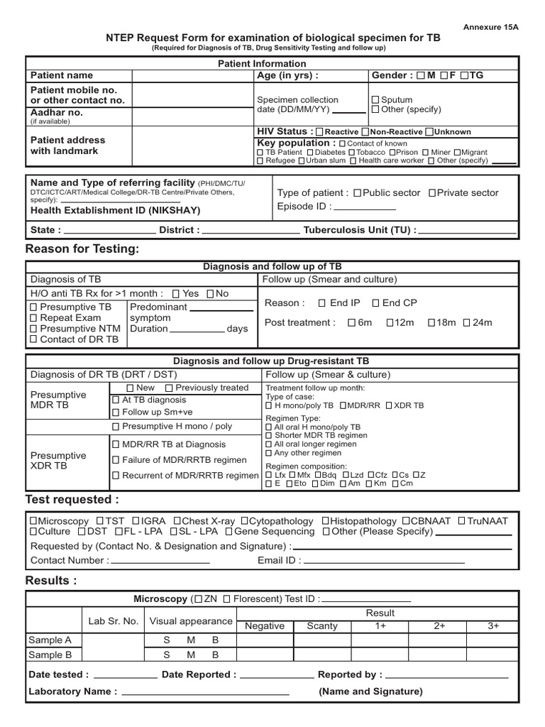 TB Biological Specimen Examination Form | PDF | Tuberculosis | Medical ...