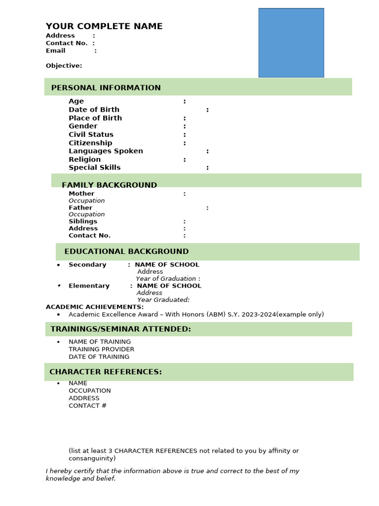 Comprehensive Personal Information Template | PDF