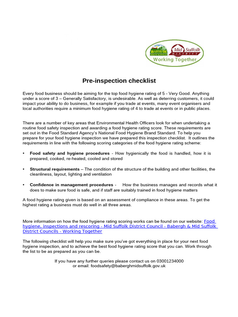 Food Hygiene Inspection Checklist Guide | PDF | Food Safety | Refrigerator