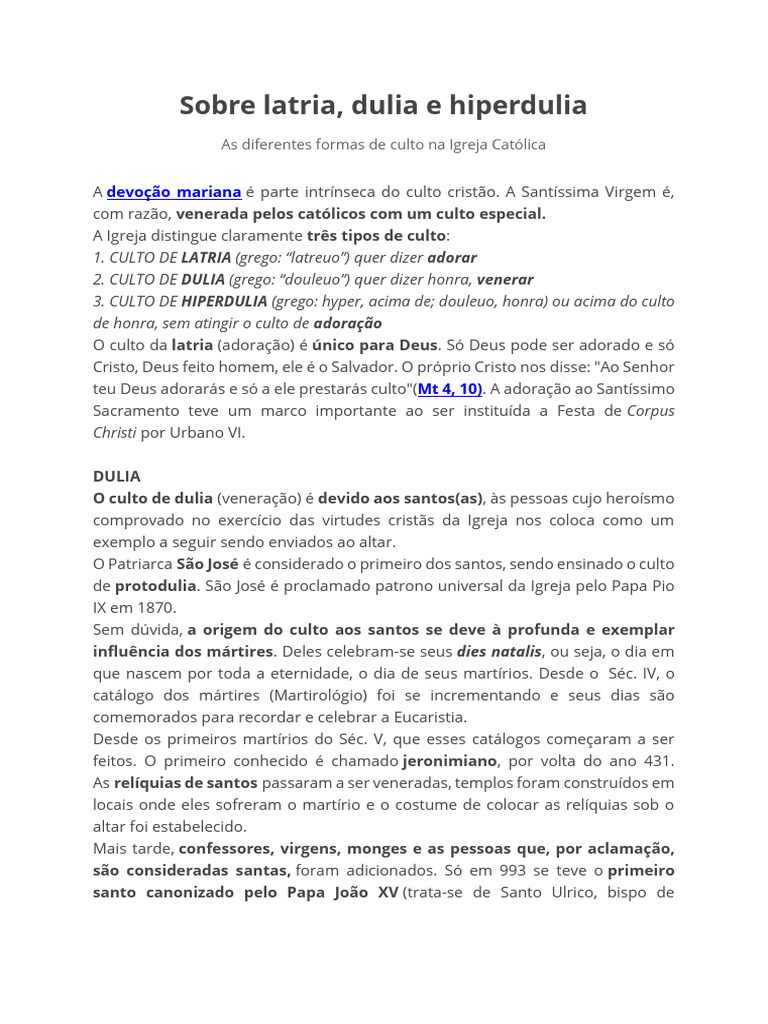 Cultos na Igreja: Latria, Dulia, Hiperdulia | PDF | Santo | Maria, mãe ...
