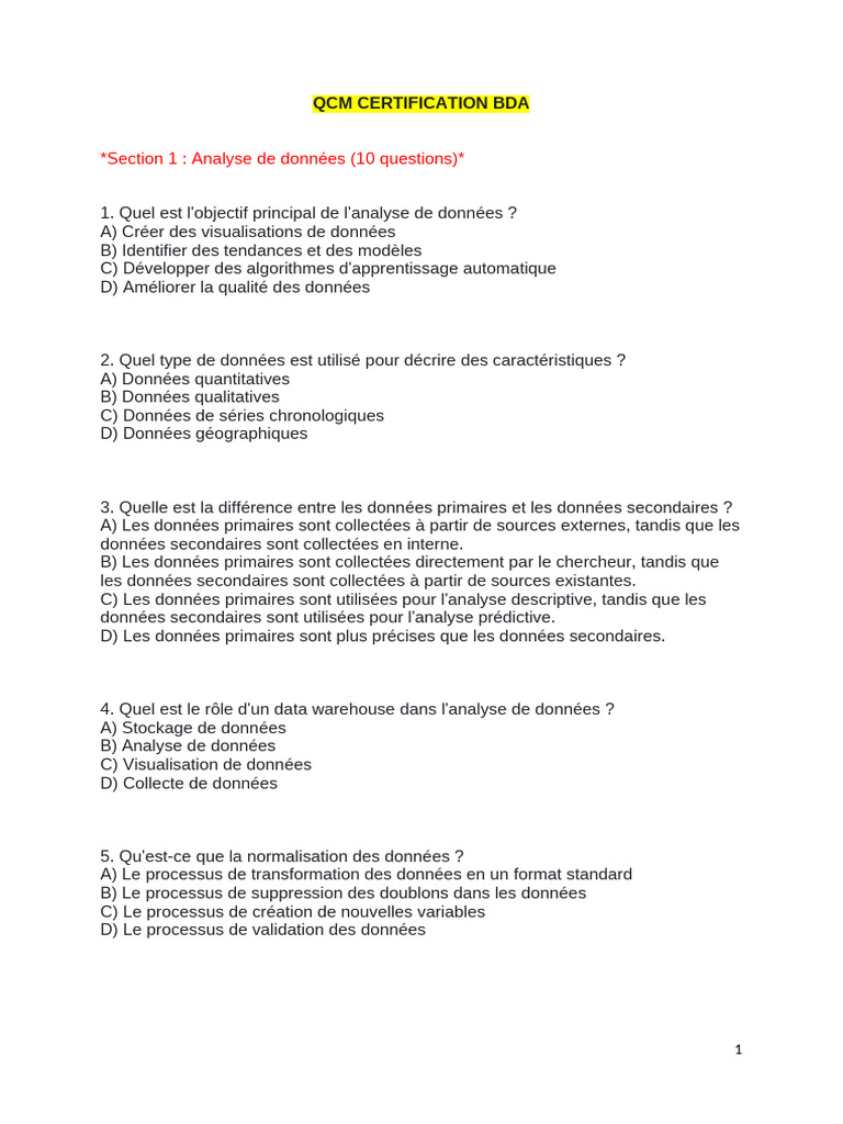 QCM Certification BDA : Analyse et Outils | PDF | Analyse SWOT ...
