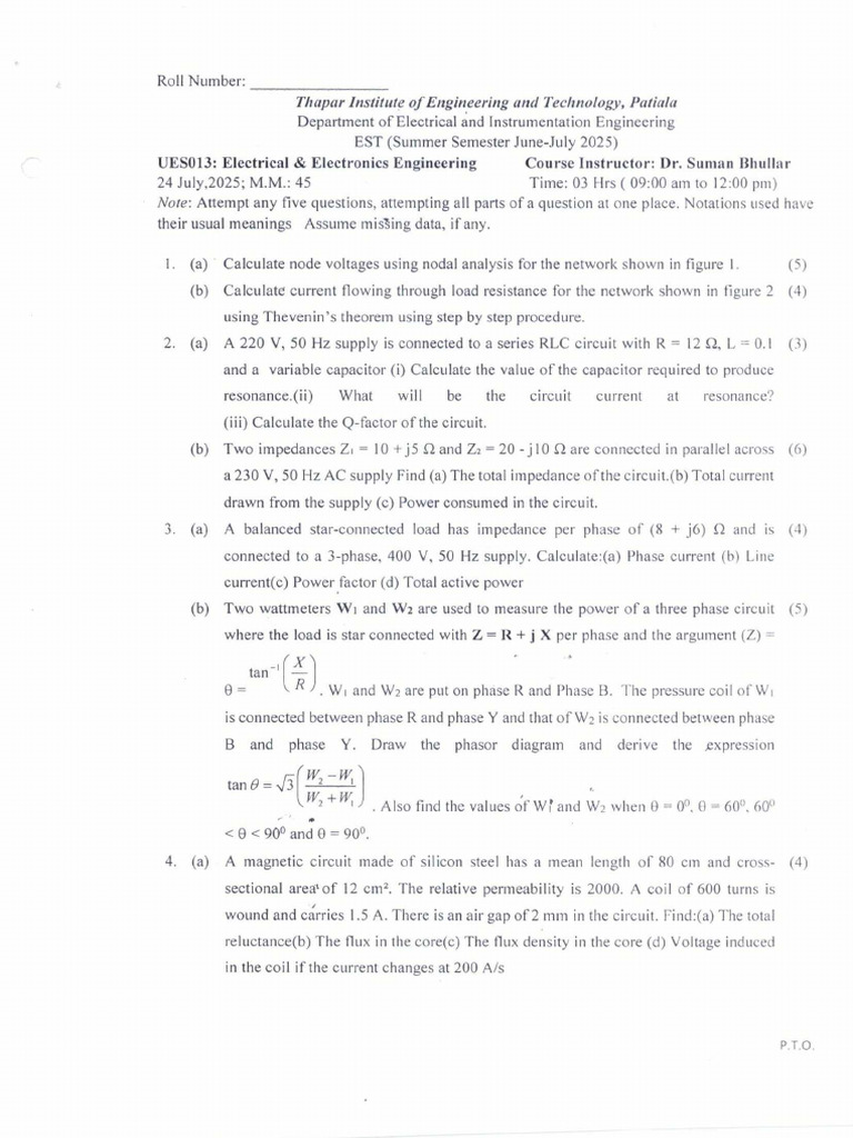 Electrical Engineering Exam Paper 2025 | PDF | Electrical Impedance ...