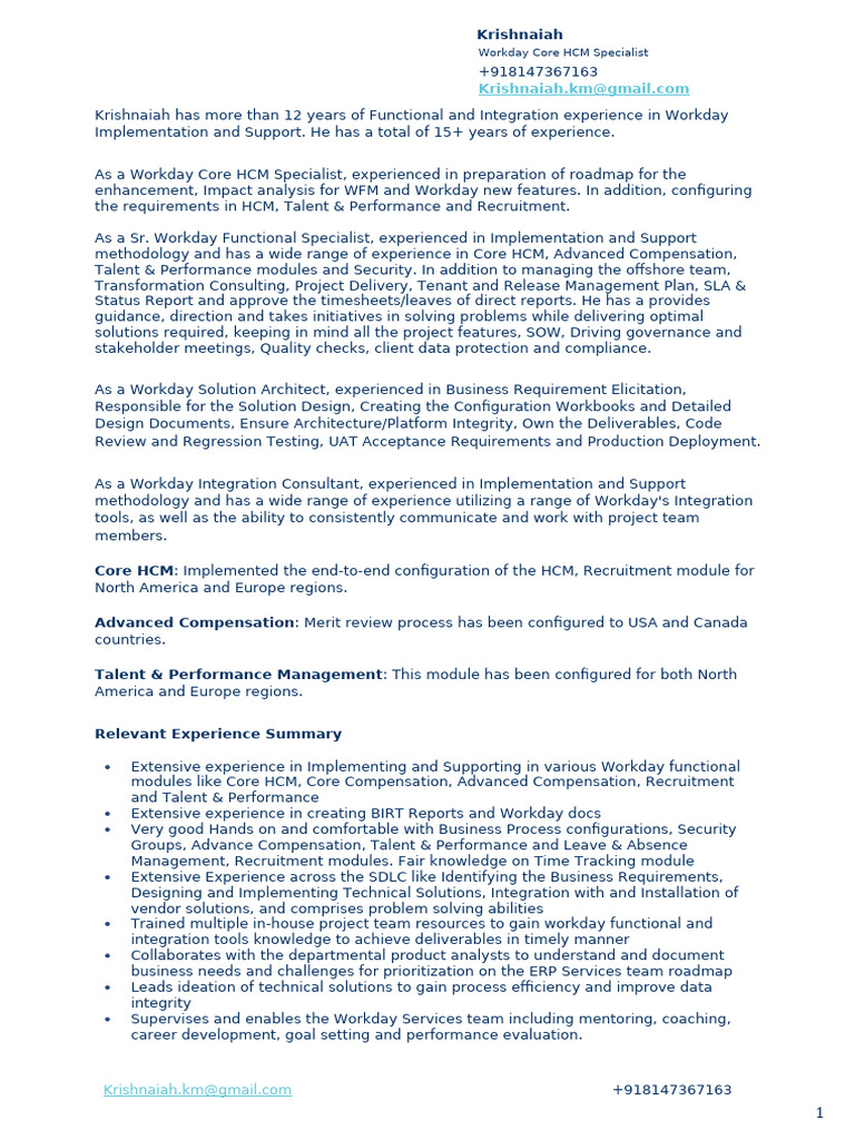 Workday Core HCM Specialist Profile | PDF | Human Resource Management ...