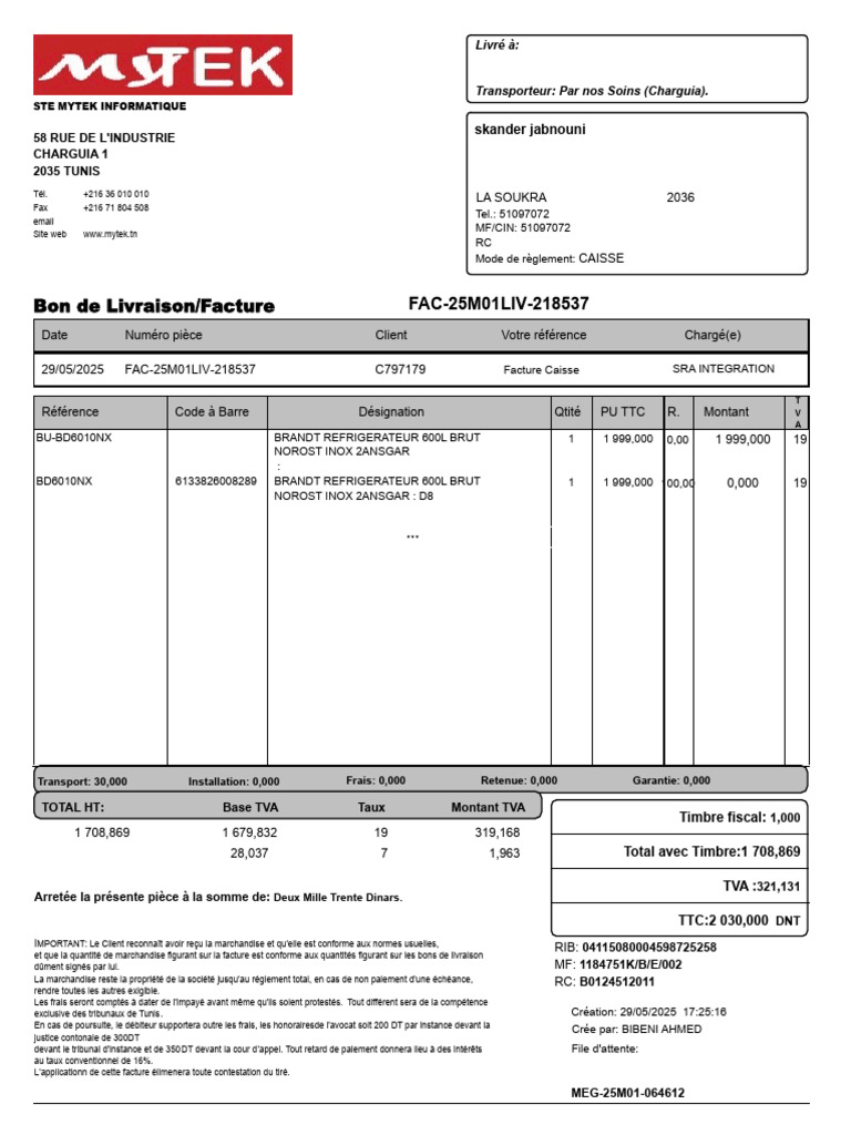 Facture Mytek Informatique - 29/05/2025 | PDF | Facture | Taxe sur la ...