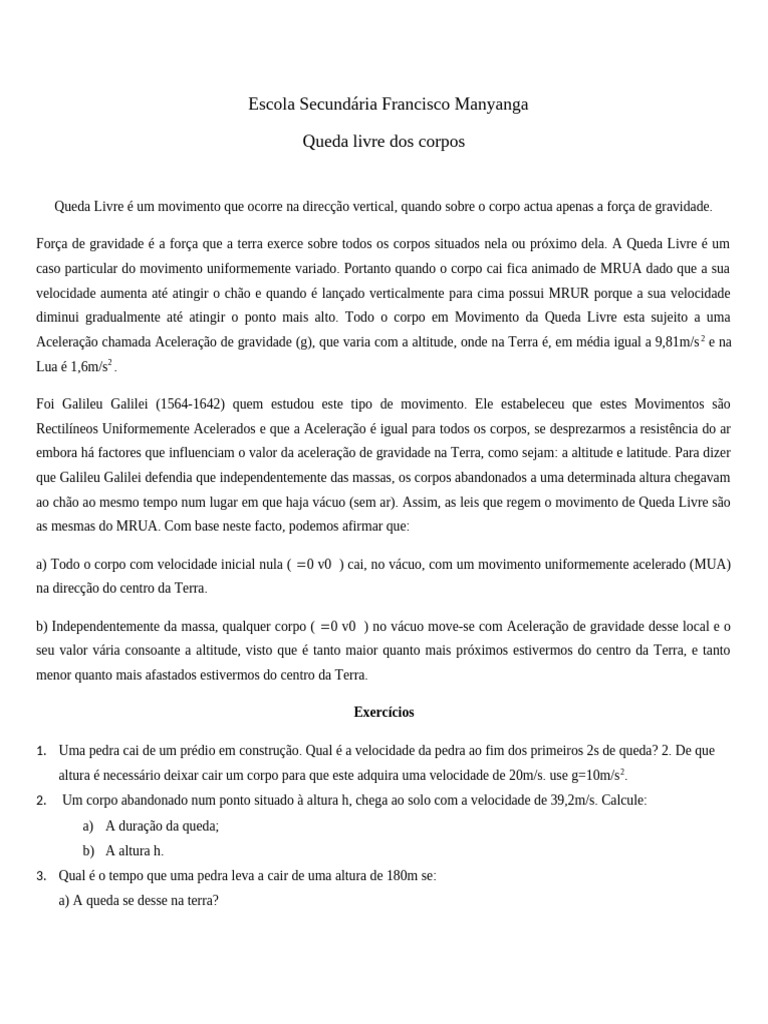 Escola Secundária Francisco Manyanga | PDF | Força | Gravidade