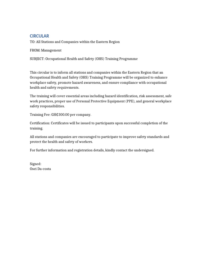 OHS Training Circular Eastern Region-3 | PDF
