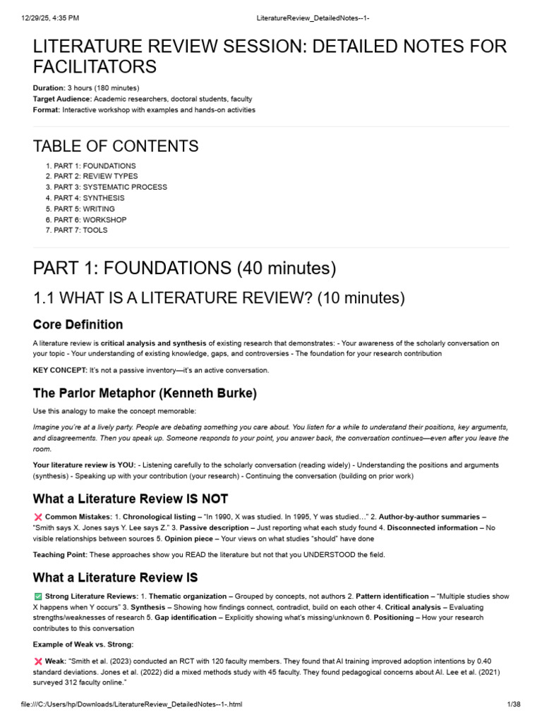 Literature Review Workshop Notes | PDF | Systematic Review | Meta Analysis