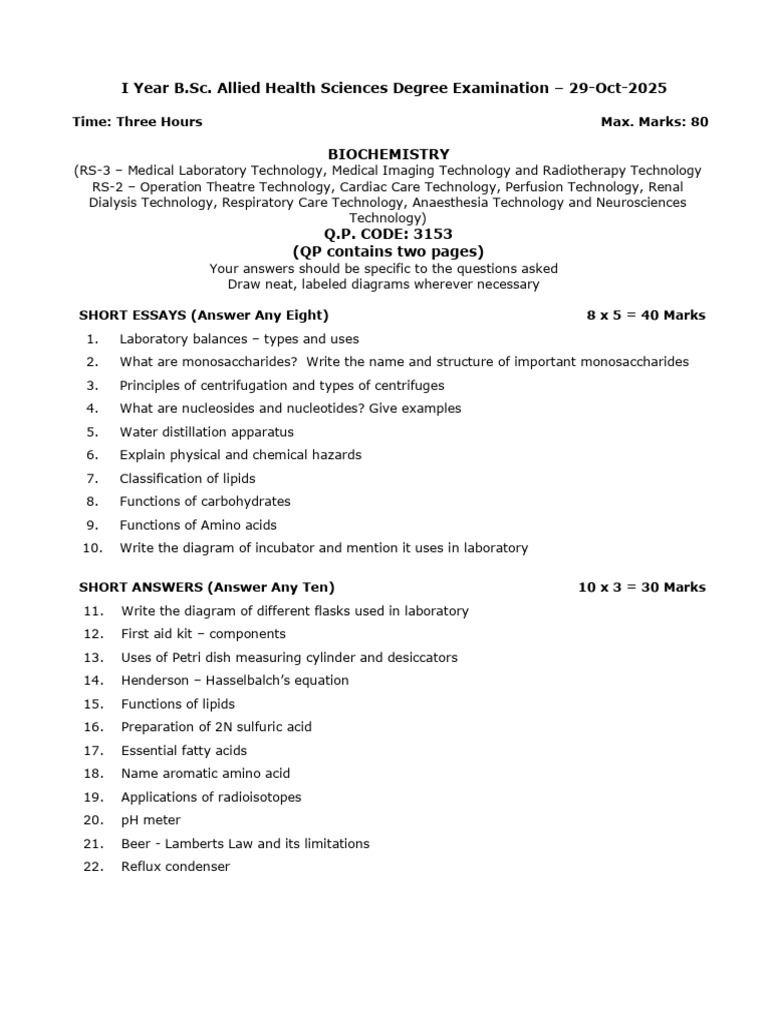 B.Sc. Biochemistry Exam Paper 2025 | PDF | Biochemistry | Chemistry