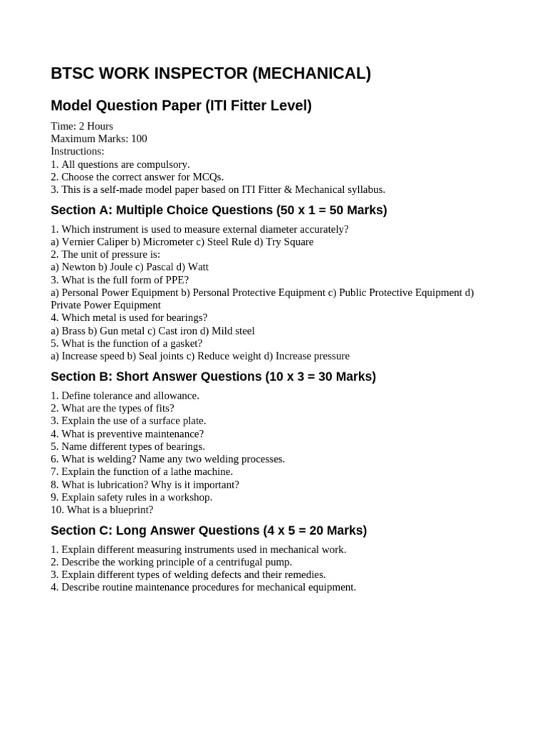 ITI Fitter Mechanical Model Question Paper | PDF
