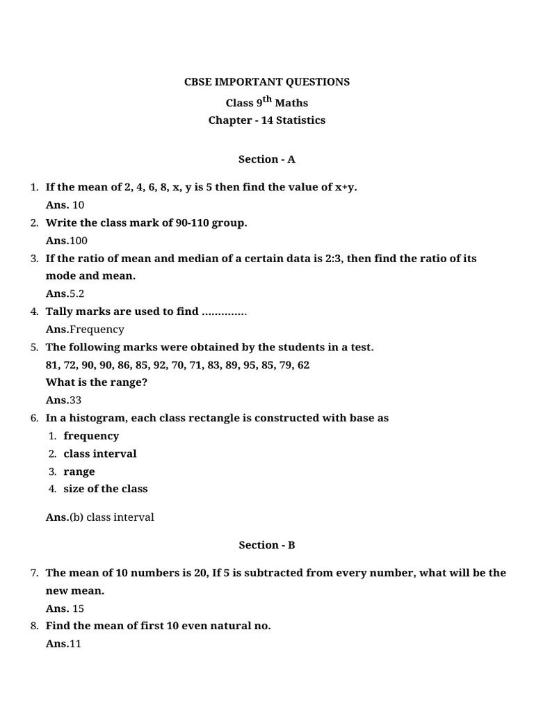 CBSE Class 9 Maths Statistics Questions | PDF | Mode (Statistics ...