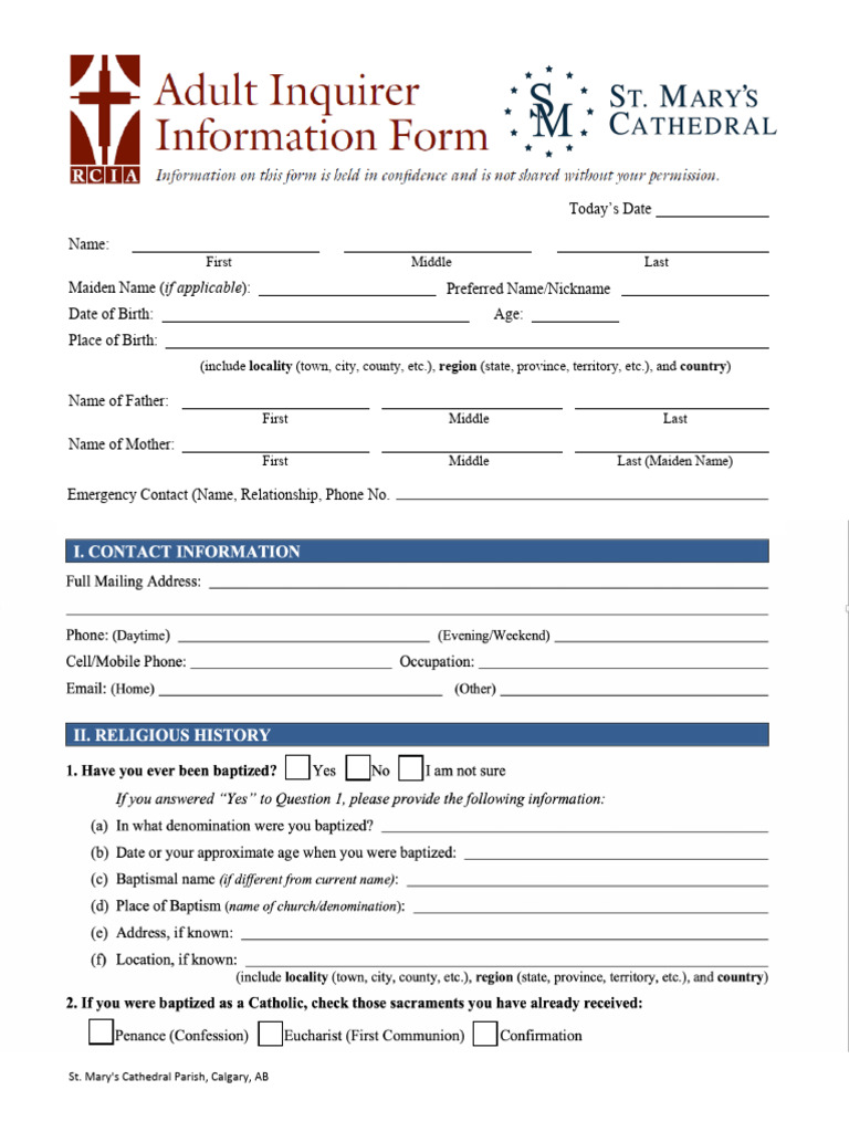 St. Marys Rcia Intake Form Fillable | PDF | Marriage | Baptism