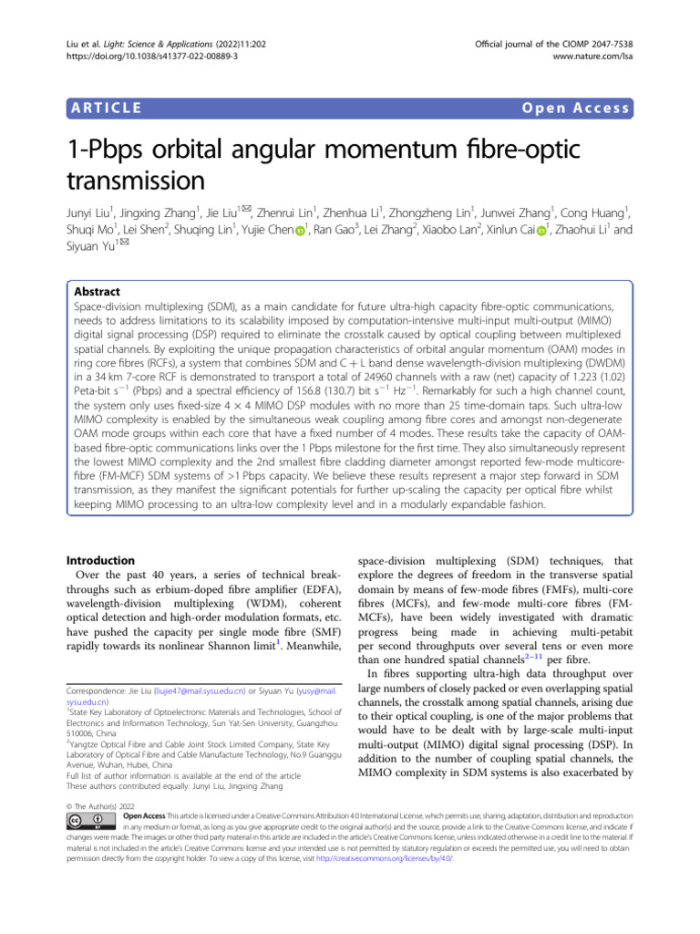 1-Pbps Orbital Angular Momentum Fibre-Optic Transmission | PDF | Fiber ...