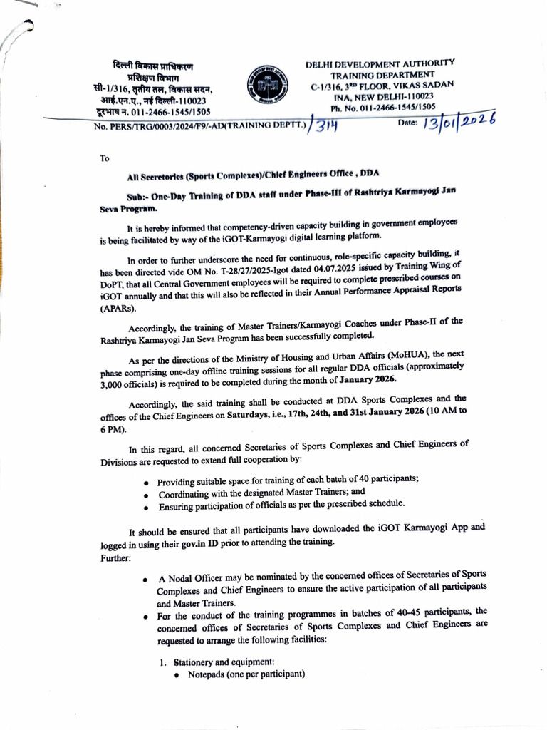 DDA One-Day Training Schedule 2026 | PDF