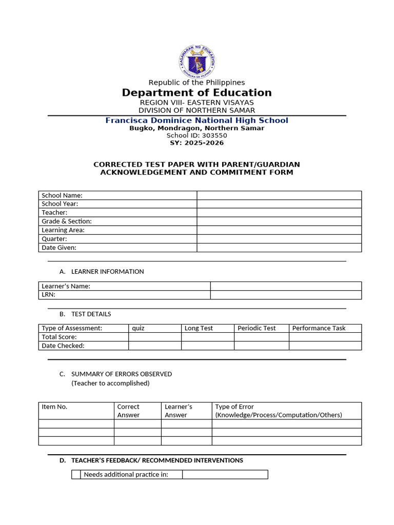 Corrected Test Paper Acknowledgment Form | PDF