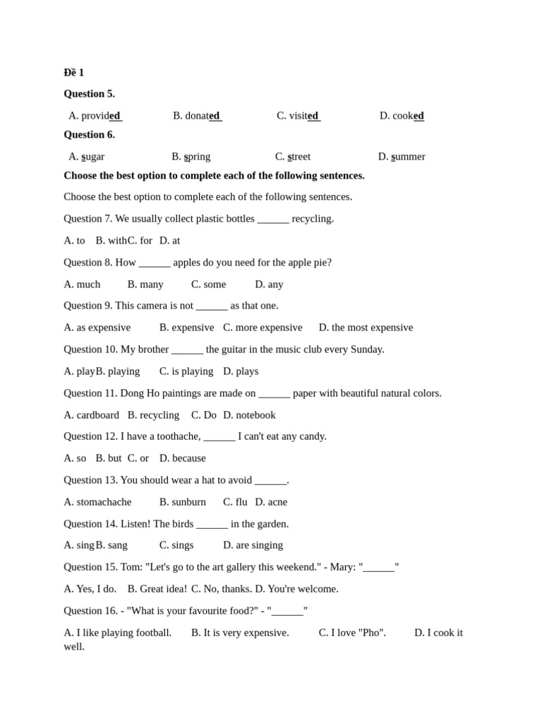 English Language Practice Questions | PDF | Cuisine | Foods