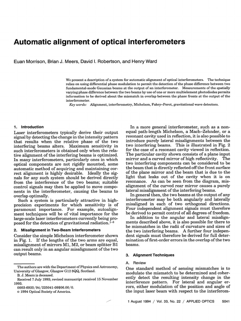 Automatic Alignment in Optical Interferometers | PDF | Interferometry ...