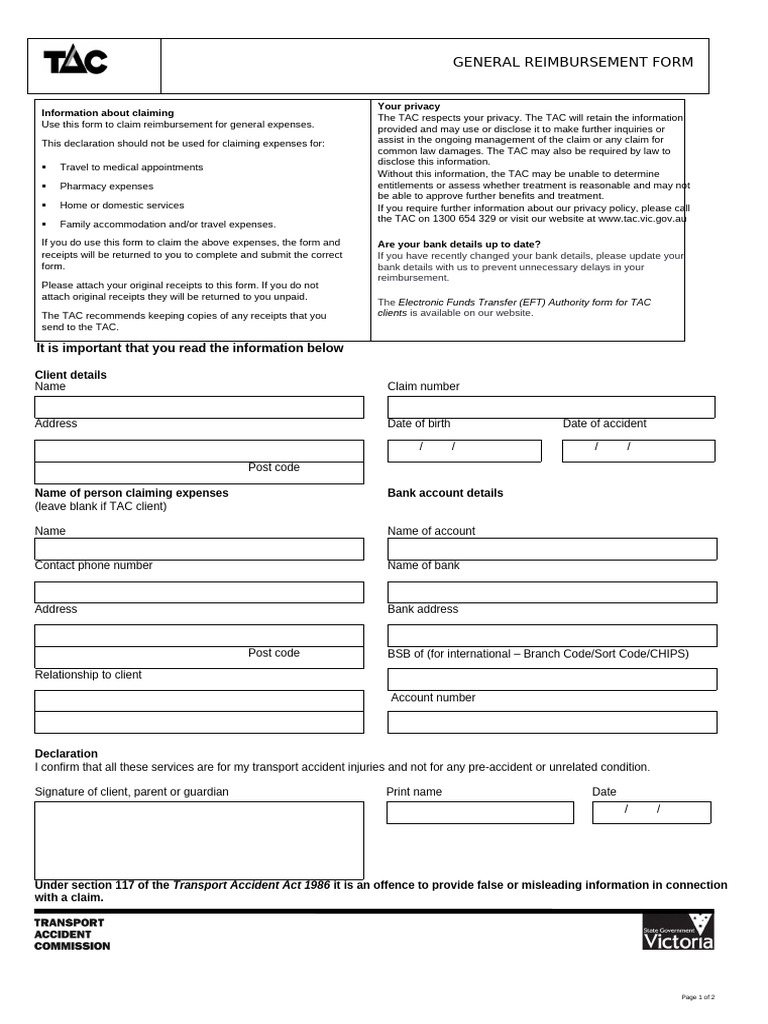 TAC General Reimbursement Form | PDF