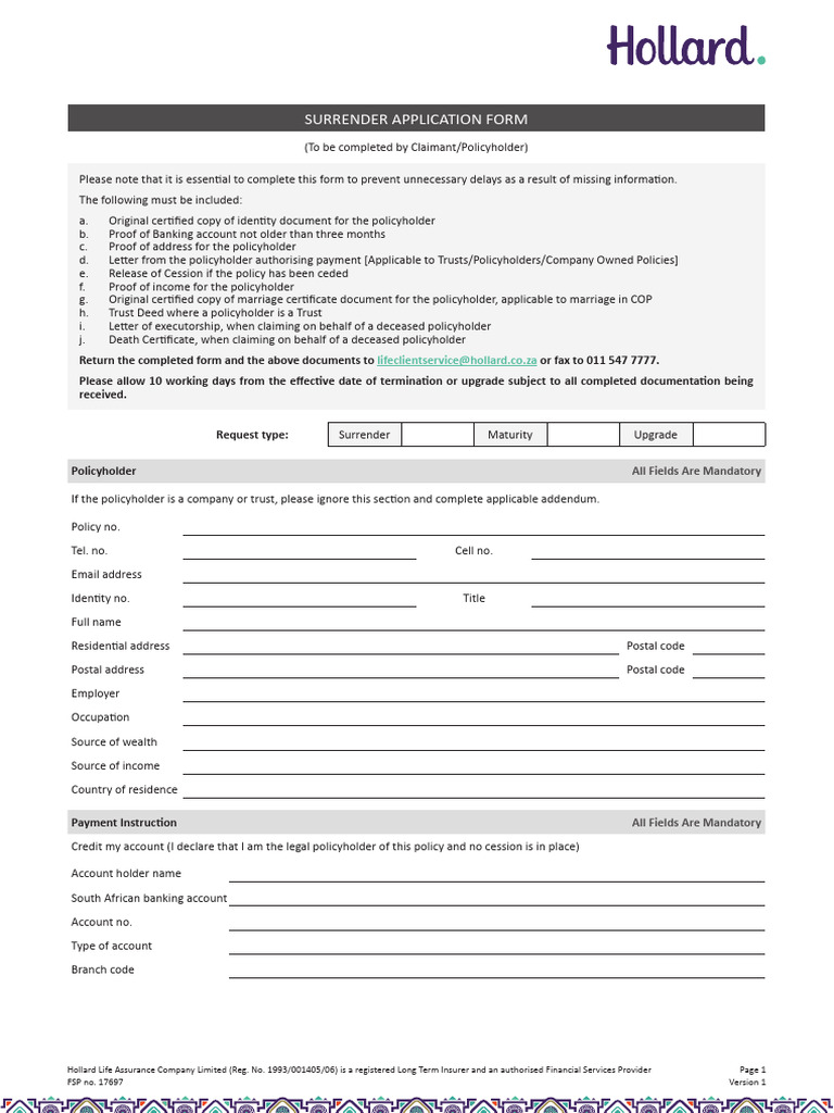 Hollard Life Surrender Application Form | PDF | Insurance | Life Insurance