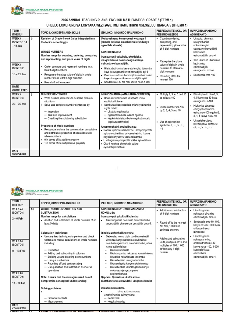 Grade 5 Term 1 Math Teaching Plan | PDF | Multiplication | Shape