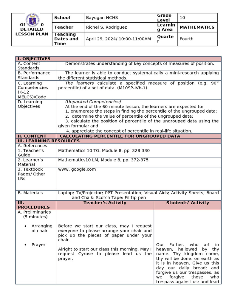 Grade 10 Lesson Plan: Percentiles in Math | PDF | Percentile | Lord's ...