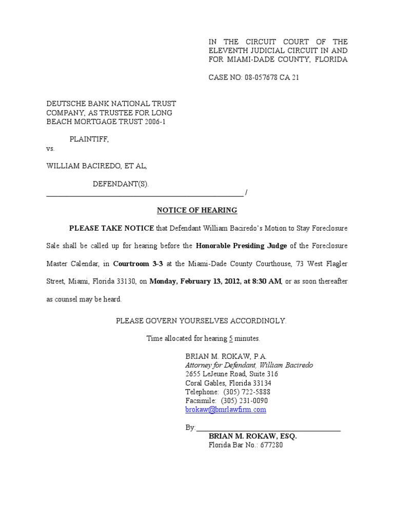 Baciredo, William - Notice of Hearing - Case #08-057678 CA 21 | PDF