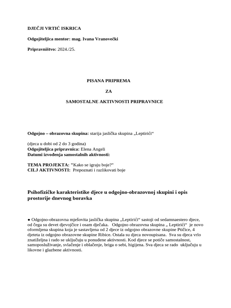 Pisana Priprema Za Projekt Kako Se Igraju Boje | PDF