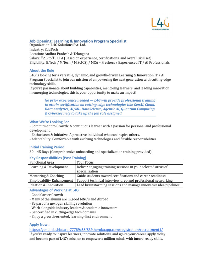 Learning & Innovation Program Specialist Job | PDF | Learning | Cognition