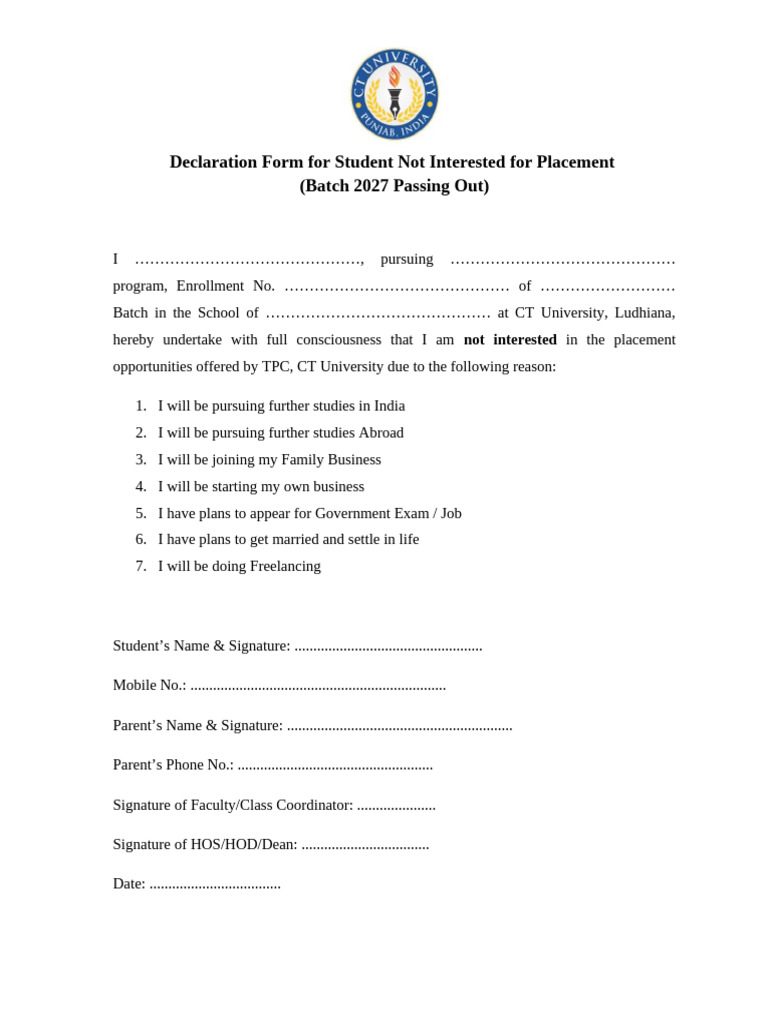 Student Placement Declination Form 2027 | PDF