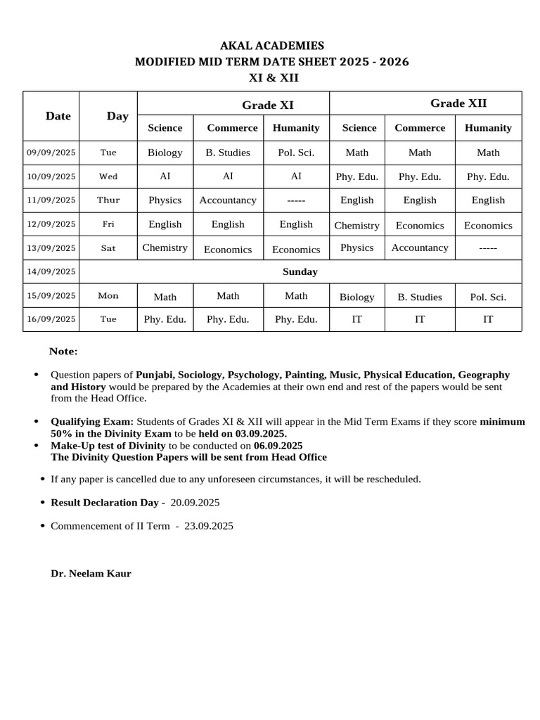 AKAL Academies Mid Term Date Sheet 2025 | PDF