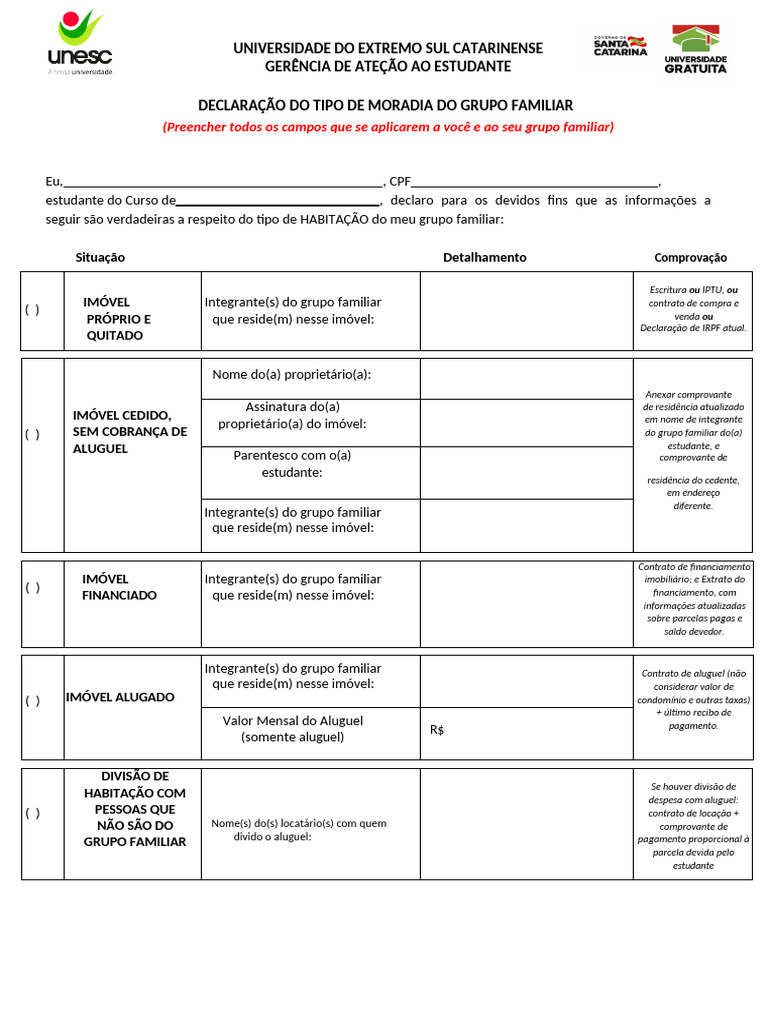 Declaração de Moradia Familiar | PDF | Aluguel | Setor imobiliário