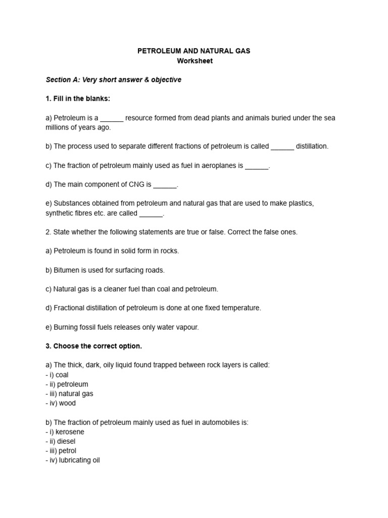 Petroleum and Natural Gas Worksheet | PDF | Petroleum | Fuels