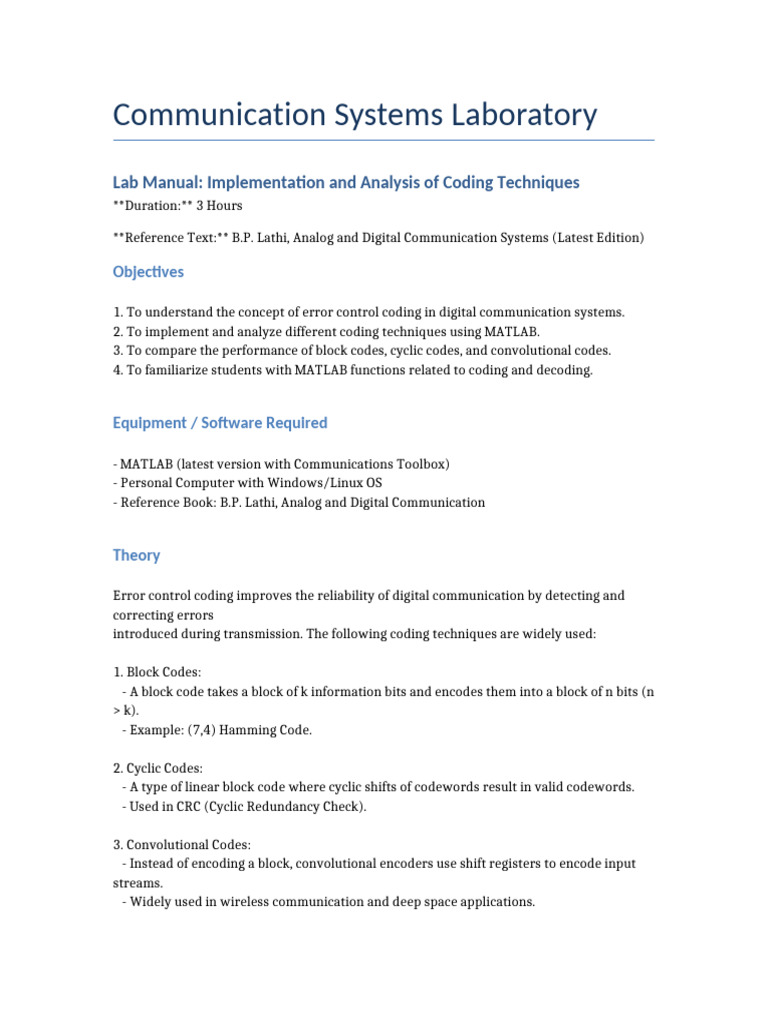 MATLAB Coding Techniques Lab Manual | PDF | Error Detection And ...