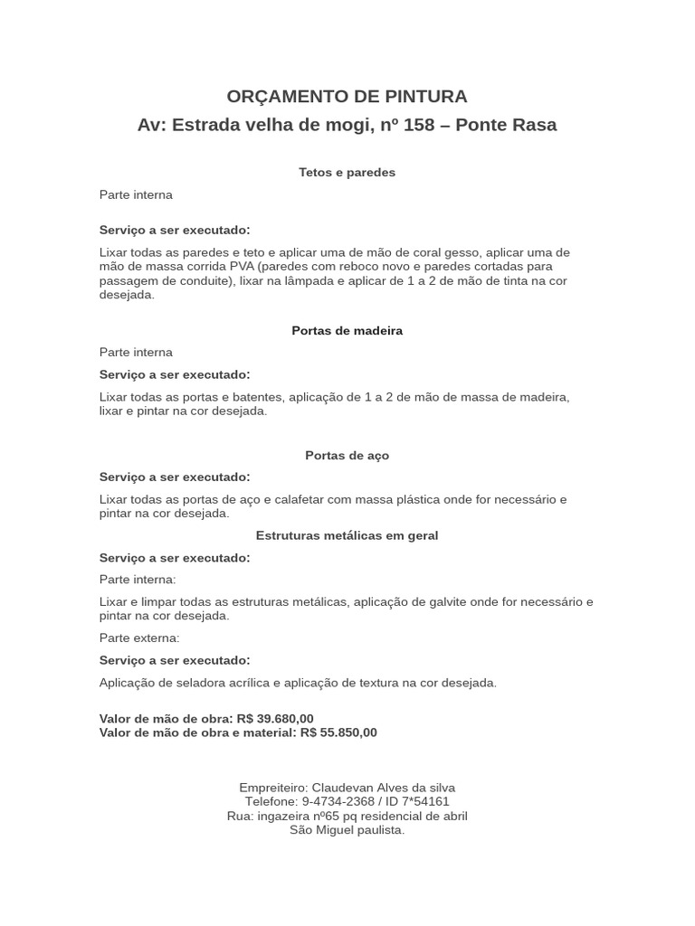 Orçamento de Pintura Residencial Detalhado | PDF
