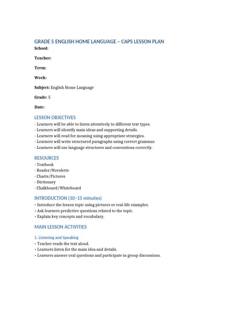 Grade 5 English Lesson Plan Guide | PDF