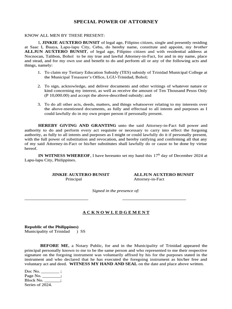 Special Power of Attorney for TES Claim | PDF | Power Of Attorney | Justice