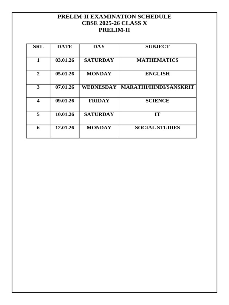CBSE Class X Prelim-II Exam Schedule | PDF