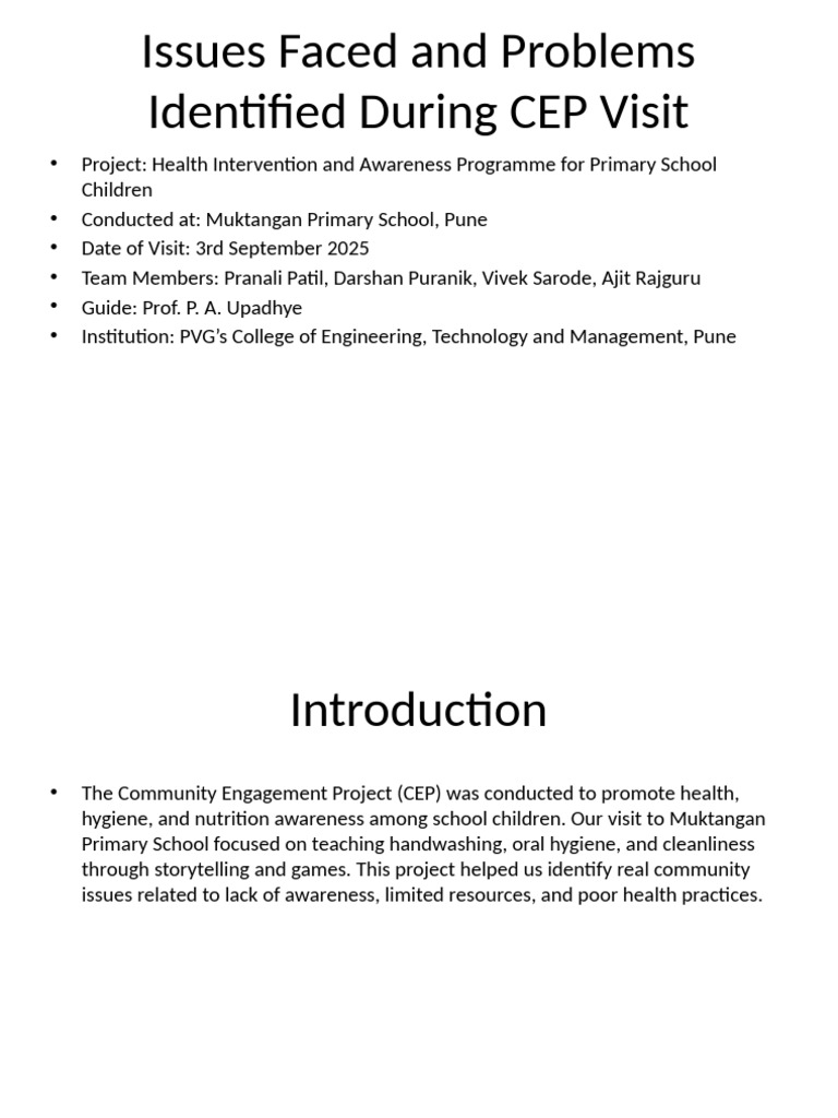 Issues Faced and Problems Identified CEP Visit | PDF | Hygiene | Learning