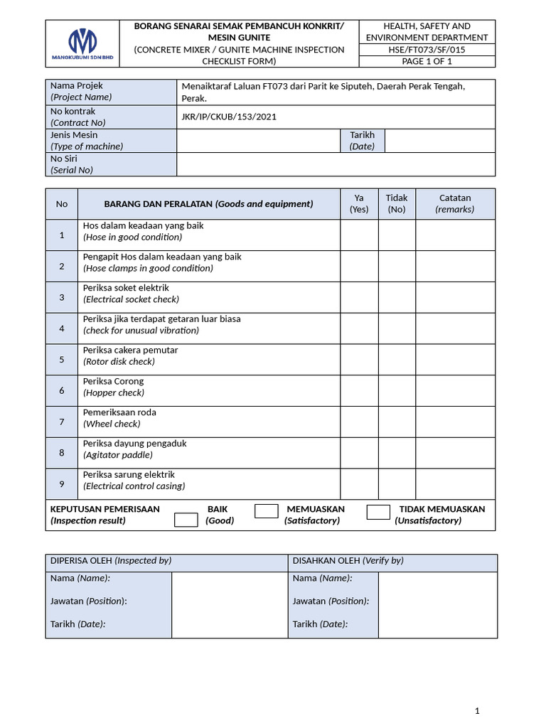 015 Concrete Mixer Gunite Machine Checklist | PDF