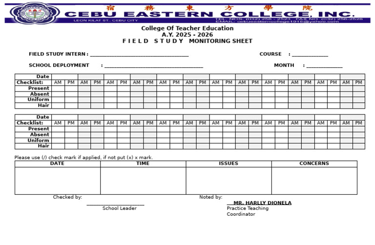 Field Study Monitoring Sheet 2025-2026 | PDF